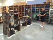 Wayde and Denny discussing how they are going to light the Brooklyn Bridge tank insert.