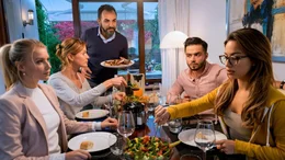 Kenan (Adnan Maral, 3. v. li.) und Lissi (Esther Schweins, 2. v. li.) laden ihre Kinder ein. Aysel (Gizem Emre, re.), Can (Aram Arami) und Sofie (Jeanne Goursaud, li.) haben aber wenig Lust auf Patchwork.