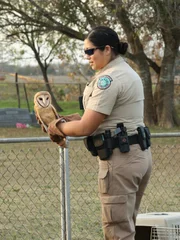 Warden Wei Wei Startz holding an owl and talking to kids.