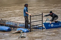 Forrest Galante Holds The Croc Trap Door Open With Mitchell Long&sbquo;&Auml;&ocirc;s Help.