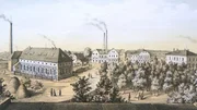 Die Schokoladenfabrik von Gottfried Jordan und August Timaeus. Die Dresdner Unternehmer gründeten die erste Schokoladenfabrik Deutschlands und boten als Erste weltweit Speiseschokolade an, die gleichzeitig schon eine Art Milchschokolade war.