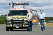 Picture Shows: James May and Jeremy Clarkson with the Chevrolet GMC Day Van V8