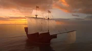 Ship sailing at sunset on a calm sea. Venice in the 16th century was a rich trading city with vast numbers of merchant ships sailing to the far reaches of the Mediterranean. The Gagliana Grossa sank off the coast of Croatia in 1583 while carrying a rich cargo to Sultan Murad III in Constantinople. (National Geographic)