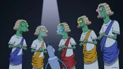 Bender (3.v.l.) steht wegen eines Verbrechens vor Gericht. Sein Anwalt greift allerdings zu einem brillanten Verteidigungskniff und somit wird er freigesprochen ...