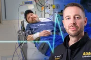 Dr. Michael Bovet vor Michael, der eine schwere Handverletzung hat. (Bildmontage, Keyvisual)