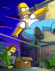 Homer (r.) beschließt Kopfgeldjäger zu werden. Bei seinem ersten Fall hilft ihm Ned Flanders (l.) unbewusst und zufällig, was dazu führt, dass er seinen ersten Fall erfolgreich abschließen kann. Und da auch Ned einem kleinen Nebenverdienst nicht abgeneigt ist, arbeiten die beiden fortan als Team zusammen.
