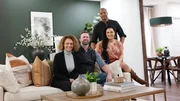 Posed photo of hosts Egypt Sherrod and Mike Jackson with homeowners Sabrina and Scott in their updated basement living area. Posed photo of hosts Egypt Sherrod and Mike Jackson with homeowners Sabrina and Scott in their updated basement living area.