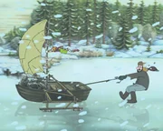 Ein plötzlicher Sturm fegt Pettersson und sein Boot über den zugefrorenen See.