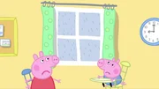 Peppa und Schorsch sind traurig: Immer wenn es drau&szlig;en regnet, k&ouml;nnen sie nicht vor die T&uuml;r.