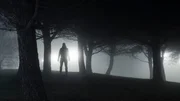 Silhouette of a man standing in park at night. Silhouette of a man standing in park at night.