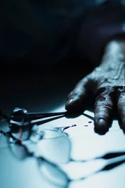Close up of Alene&rsquo;s hand and glasses lying on the ground with blood spatters.