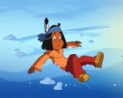 Yakari stürzt in den Schnee.