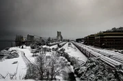 Long lines of snow covered train cars wait to be moved following a surprise snow storm. A lone walker follows the trail through Myrtle Edwards Park in Seattle. Long lines of snow covered train cars wait to be moved following a surprise snow storm. A lone walker follows the trail through Myrtle Edwards Park in Seattle.