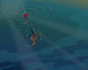 Der Taucherwurm soll einen Fisch zu Pettersson Angel locken.