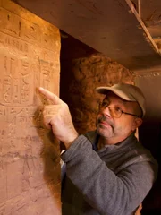 Josh Gates and Pierre Tallet look at the shrine devoted to main divinity, Hathor, at The Lost Temple.