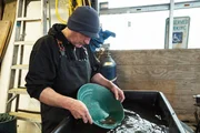 Bob Hafner panning in clean out shack.
