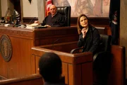 BRENAN (Emily Deschanel, R) takes the stand and illustrates her testimony during the Gravedigger trial in the BONES episode 'The Boy with the Answer'.