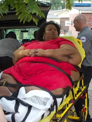 Marla on a stretcher with paramedics outside.