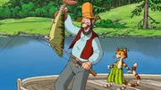 Pettersson hat einen gro&szlig;en Hecht geangelt. Findus (re.) freut sich. Denn nun ist ihm der erste Preis - ein Korb leckerer W&uuml;rstchen - sicher.