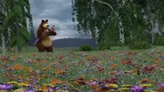 Der Bär läuft mit Mascha über eine bunte Blumenwiese, als es beginnt zu regnen...
