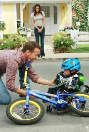In der kurzen Zeit, in der er da ist, versucht er seinem Sohn (Mason Vale Cotton, r.) das Fahrradfahren beizubringen, doch ganz gelingt es Mike (James Denton, l.) nicht. Wieder einmal &uuml;bernimmt Susans (Teri Hatcher, hinten) Freund Jackson diese v&auml;terliche Pflicht ...