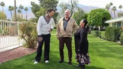 From left to right: Host David Bromstad, Steve Butkus, and Yvonne Butkus meet outside of House 2, Roadrunner Ridge, as seen on My Lottery Dream Home, Season 17.