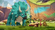 Trey (l.) ist traurig, weil niemand im Dinosaurierland mehr Respekt vor ihm hat. Können ihm die Dino-Freunde helfen?