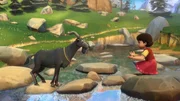 Heidi soll den Ziegenbock dazu bewegen, den Fluss zu durchqueren.