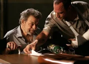 LAW & ORDER: SPECIAL VICTIMS UNIT -- NBC Series -- "Name" -- Pictured: (l-r) Richard Bright as Sheldon Kerrick/Sawyer, Chris Meloni as Det. Elliott Stabler -- Scene 43 (Int) Interrogation Room "Kerrick is dying of cancer can't remember boy in box is" Chris Meloni (Stabler) Diane Neal (ADA Novak) J. Paul Nicholas (Linden Delroy) Richard Bright (Sheldon Kerrick/Sawyer)