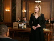 Casey Novak (Diane Neal) befragt w&auml;hrend der Gerichtsverhandlung das Opfer eines brutalen &Uuml;berfalls, Rudi Bixton (Omar Benson Miller), der nur wegen seines &Uuml;bergewichts zusammengeschlagen wurde.