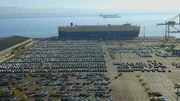 Aerial view of San Francisco Port with Tesla cars parked. (National Geographic/Jack Morris) Aerial view of San Francisco Port with Tesla cars parked. (National Geographic/Jack Morris)
