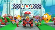 Vorne: Nonny (3.v.l.), Oona (4.v.l.), Deema (5.v.l.), Lobster Body Guards, The Mayor (m.), Gil (6.v.r.), Molly (5.v.r.), Bubble Puppy (4.v.r.), Goby (3.v.r.), Mr. Grouper (2.v.r.).