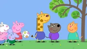 L-R: George Pig, Suzy Sheep, Edmond Elephant, Peppa Pig, Gerald Giraffe, Danny Dog, Candy Cat