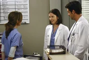 Derek (Patrick Dempsey, r.) erkennt in Lexie (Chyler Leigh, M.) die Frau aus der Bar wieder, worüber Meredith (Ellen Pompeo, l.) alles andere als glücklich ist ...