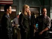 (l-r) B.D. Wong as Dr. George Huang, Diane Neal as A.D.A. Casey Novak, Dann Florek as Capt. Donald Cragen (l-r) B.D. Wong as Dr. George Huang, Diane Neal as A.D.A. Casey Novak, Dann Florek as Capt. Donald Cragen