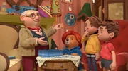 v.li.: Mr. Gruber, Paddington, Judy Brown, Jonathan Brown