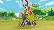 Findus ist total zufrieden: Pettersson hat ihm ein eigenes Fahrrad gebaut. Nun muss er allerdings noch damit fahren lernen.