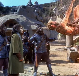 Eine Notlandung verschl&auml;gt Taylor (Charlton Heston, r.) und sein Team auf einen fremden Planeten, der von Menschenaffen regiert wird. Die Affen nehmen Taylor fest und missbrauchen ihn f&uuml;r Forschungsexperimente ...