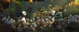Als Po (l.) endlich seinen leiblichen Vater Li (r.) kennenlernt, m&ouml;chte dieser ihn in einem geheimen Dorf in den Bergen in die besonderen K&uuml;nste der Pandas einweihen.