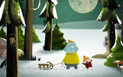 Die beiden Musifanten Opa G&uuml;nter und Enkelkind Charlie gehen mit dem Schlitten durch den tief verschneiten Wald und treffen verschiedene Tiere.