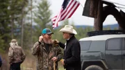 Marty Raney and homesteader Barry Whelchel having a chat before walking over to the hunting blind. Marty Raney has his hand on Barry's shoulder.