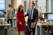 LAW & ORDER -- "Catch and Kill" Episode 24001 -- Pictured: (l-r) Odelya Halevi as Assistant District Attorney Samantha Maroun, Hugh Dancy as Assistant District Attorney Nolan Price.