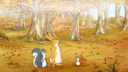 Der kleine Hase, das kleine Grauhörnchen und die kleine Feldmaus suchen den Weg zurück zur Wiese.