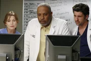 Sehen sich gespannt ein Video an, indem ein Patient aus 4000 Metern Höhe auf die Erde gestürzt ist und keine Verletzungen davongetragen hat: Meredith (Ellen Pompeo, l.), Webber (James Pickens jr., M.) und Derek (Patrick Dempsey, r.) ...