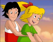 Begeistert macht Bibi mit Pedro eine Spritztour auf dem Besen. Begeistert macht Bibi mit Pedro eine Spritztour auf dem Besen.