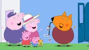 L-R: Grandpa Pig, Peppa Pig, Granny Pig, George Pig, Mr. Fox