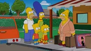 Homer (l.), Marge (3.v.l.), Bart (2.v.l.) und Maggie (4.v.l.) m&uuml;ssen Grampa (r.) wieder einmal bei sich aufnehmen, weil das Altersheim von Springfield geschlossen wird.