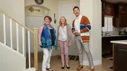 As seen on My Lottery Dream Home, host David Bromstad (R), potential homebuyer and lottery winner, Kelly McFarland (L) and long time friend Angeni (C), admire the spacious living room of a new townhome. (action), (interior)