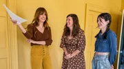 This image has been distributed to our partners.; Gray and Chelcie meet with the Daughters of paint, Eson and Casey to discuss the primary bedroom accent paintwork, as seen on Happy to be Home S2