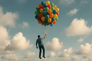 Eine surreale und erhebende Szene zeigt einen Mann, der durch den Himmel schwebt, getragen von Dutzenden bunter Ballons. Sein Gesicht ist nicht sichtbar, was der Darstellung eine geheimnisvolle und universelle Note verleiht. Der Himmel ist weit und hell und vermittelt ein Gefühl von Freiheit und Staunen.